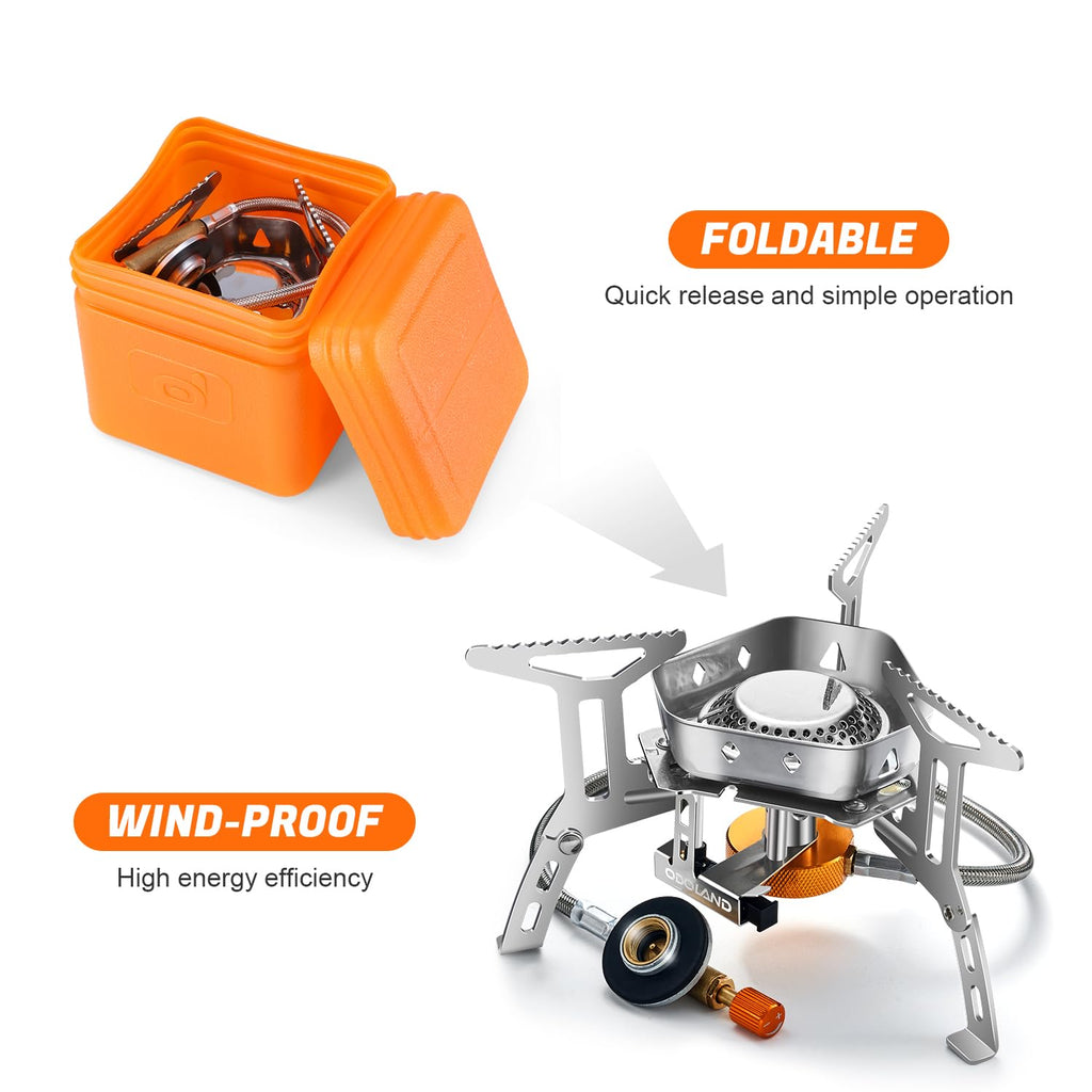 Odoland 3500W/6800W Windproof Camp Stove Camping Gas Stove with Fuel Canister Adapter, Piezo Ignition, Carry Case, Portable Collapsible Stove Burner for Outdoor Backpacking Hiking and Picnic