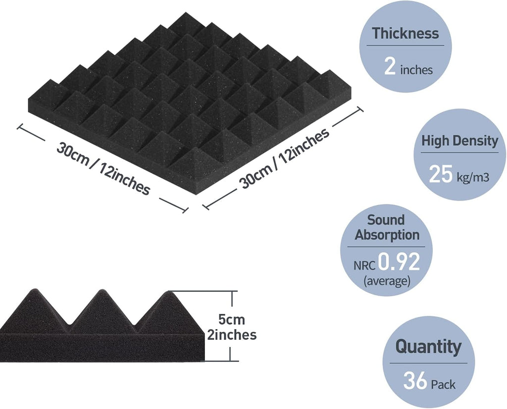Soundproof Panels - 12" x 12" x 2" Pyramid Acoustic Foam, 36 Pieces, Sound Absorbing Panels, Sound Absorbing Panels, High Density and Fireproof Wall Panels (Black)