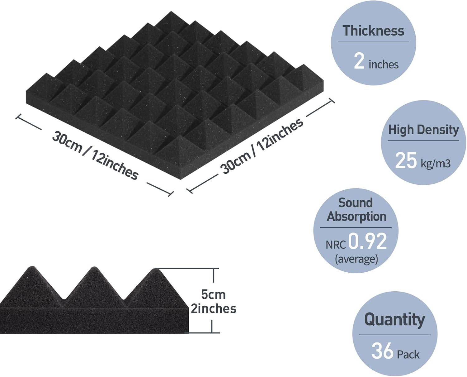 Soundproof Panels - 12" x 12" x 2" Pyramid Acoustic Foam, 36 Pieces, Sound Absorbing Panels, Sound Absorbing Panels, High Density and Fireproof Wall Panels (Black)