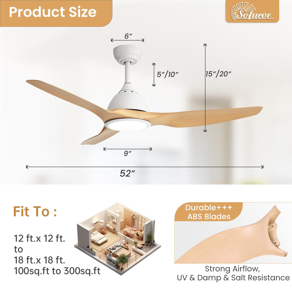 Sofucor 52 Inch Outdoor Ceiling Fans with Lights, Modern Ceiling Fan with 3 Plastic Blade, Quiet, Dimmable, High 7000CFM 6-Speed 3-Timer Reversible DC Motor, for Bedroom Living Room, ETL, Black