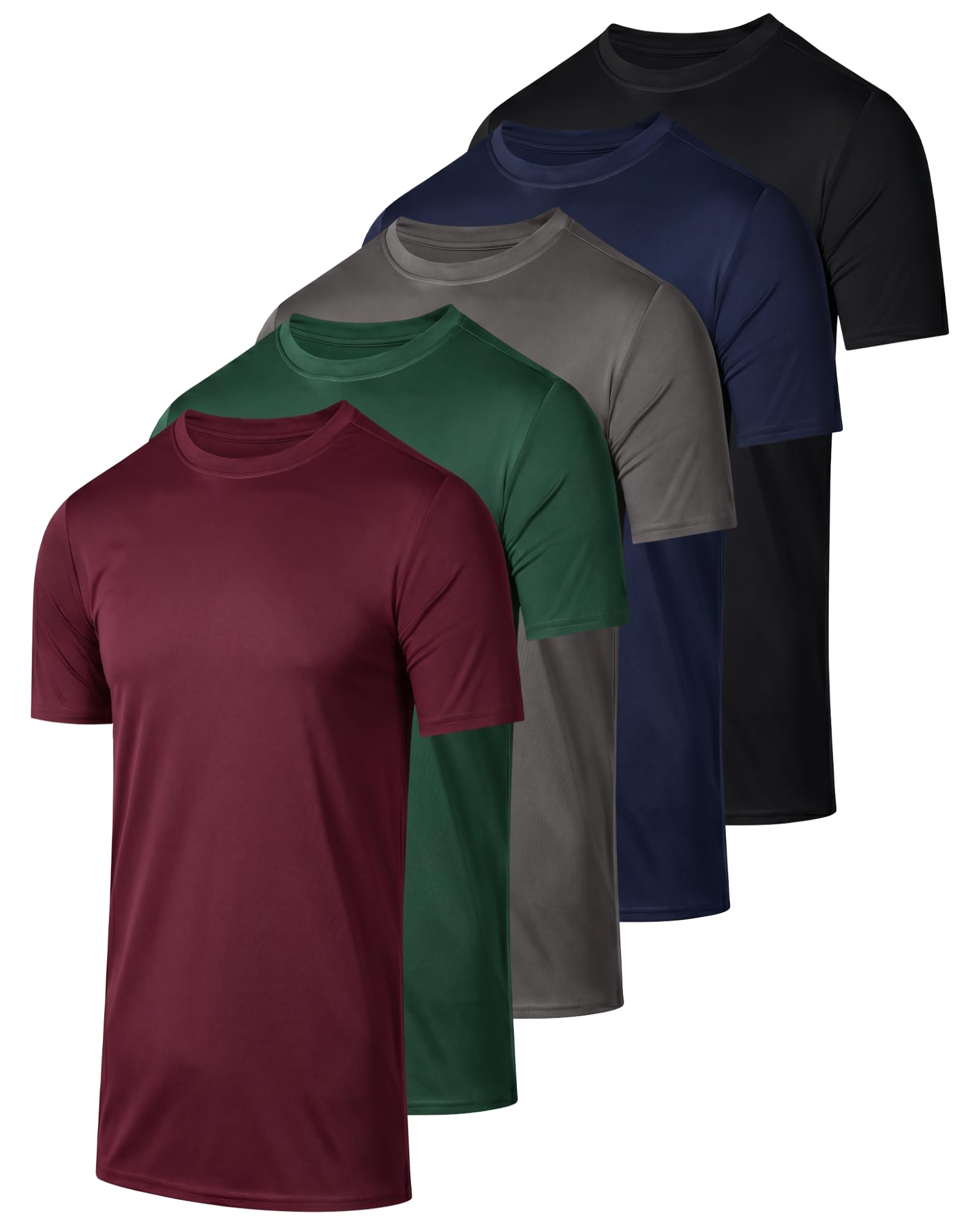 Real Essentials 5 Pack: Men's Dry-Fit Short Sleeve Crew Neck T Shirts Fitness Running Gym Workout Cool Exercise Athletic Tee