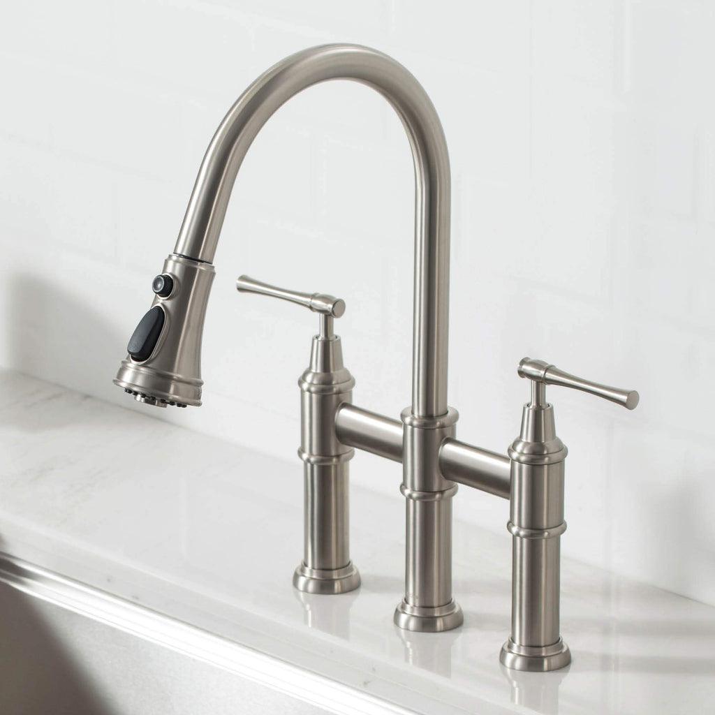 KRAUS Allyn Transitional Bridge Kitchen Faucet with Pull-Down Sprayhead in Brushed Gold, KPF-3121BG