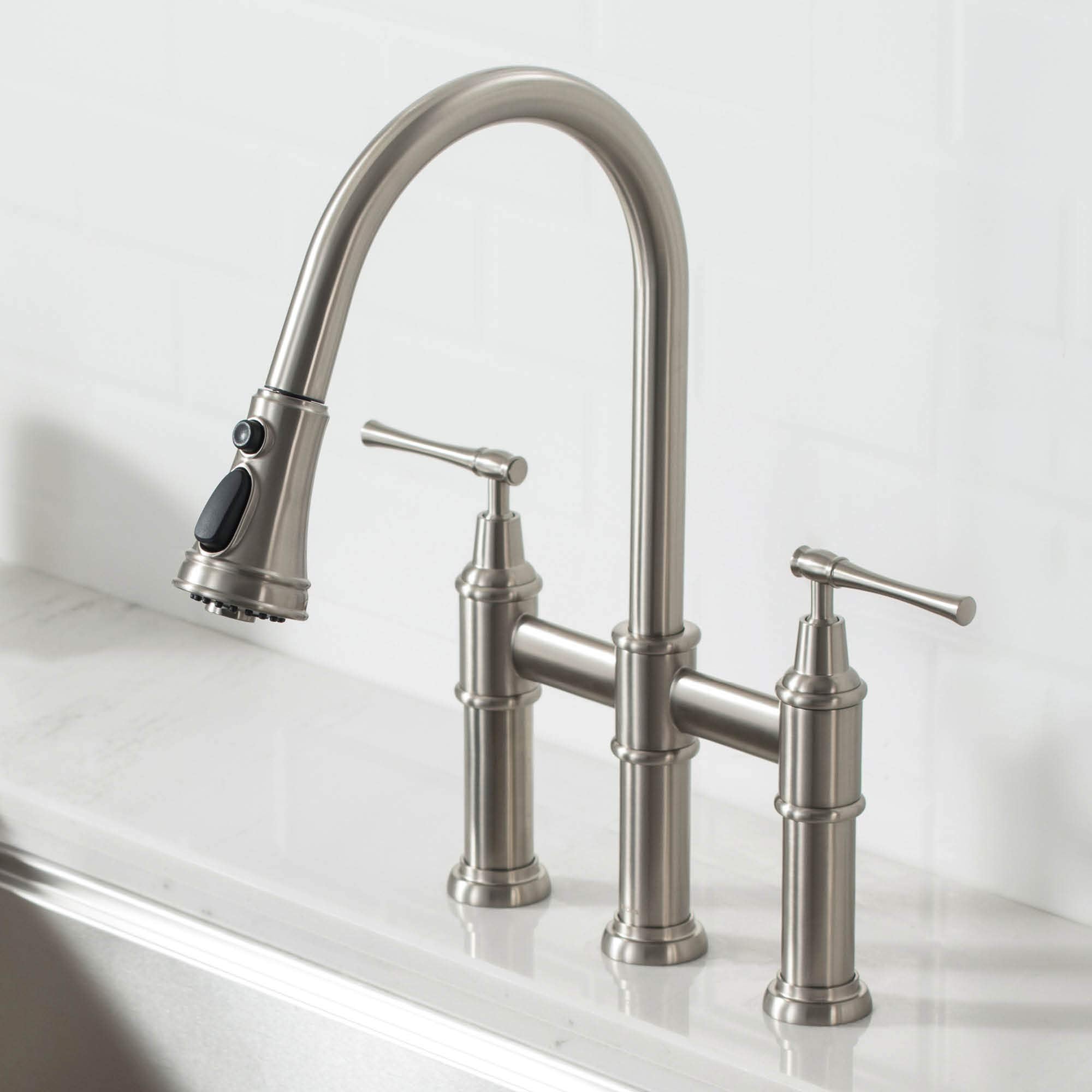 KRAUS Allyn Transitional Bridge Kitchen Faucet with Pull-Down Sprayhead in Brushed Gold, KPF-3121BG