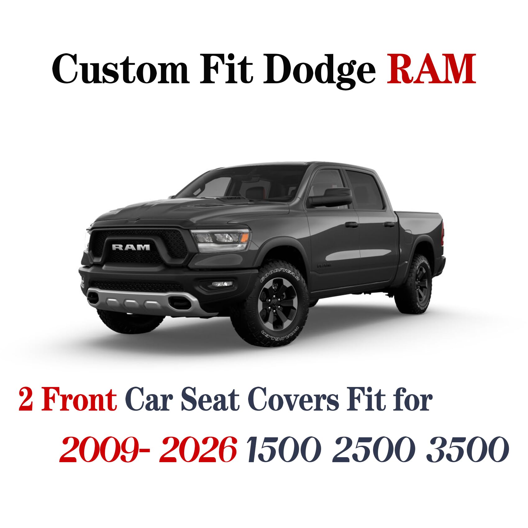YIERTAI Dodge RAM Seat Covers Fit for 2009-2023 2024 2025 2026 1500/2500/3500HD Pickup Front Seats Only Crew Double Cab Quad Cab Waterproof Leather Seat Covers(2 PCS Front only/Black)