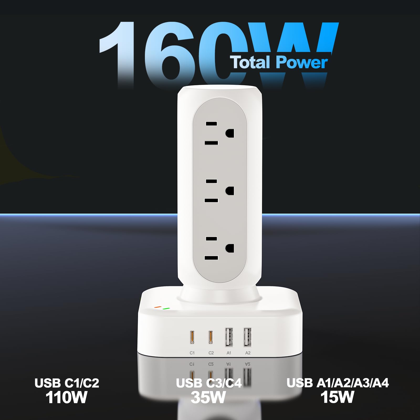 Flat Plug Power Strip Tower, TenTrend Dual PD 20W USB-C Charger Tower with 12 AC Outlets & 8 USB Ports (4 USB C), 40W Total Fast Charging Station, 10FT Extension Cord for Desk Office Dorm Room