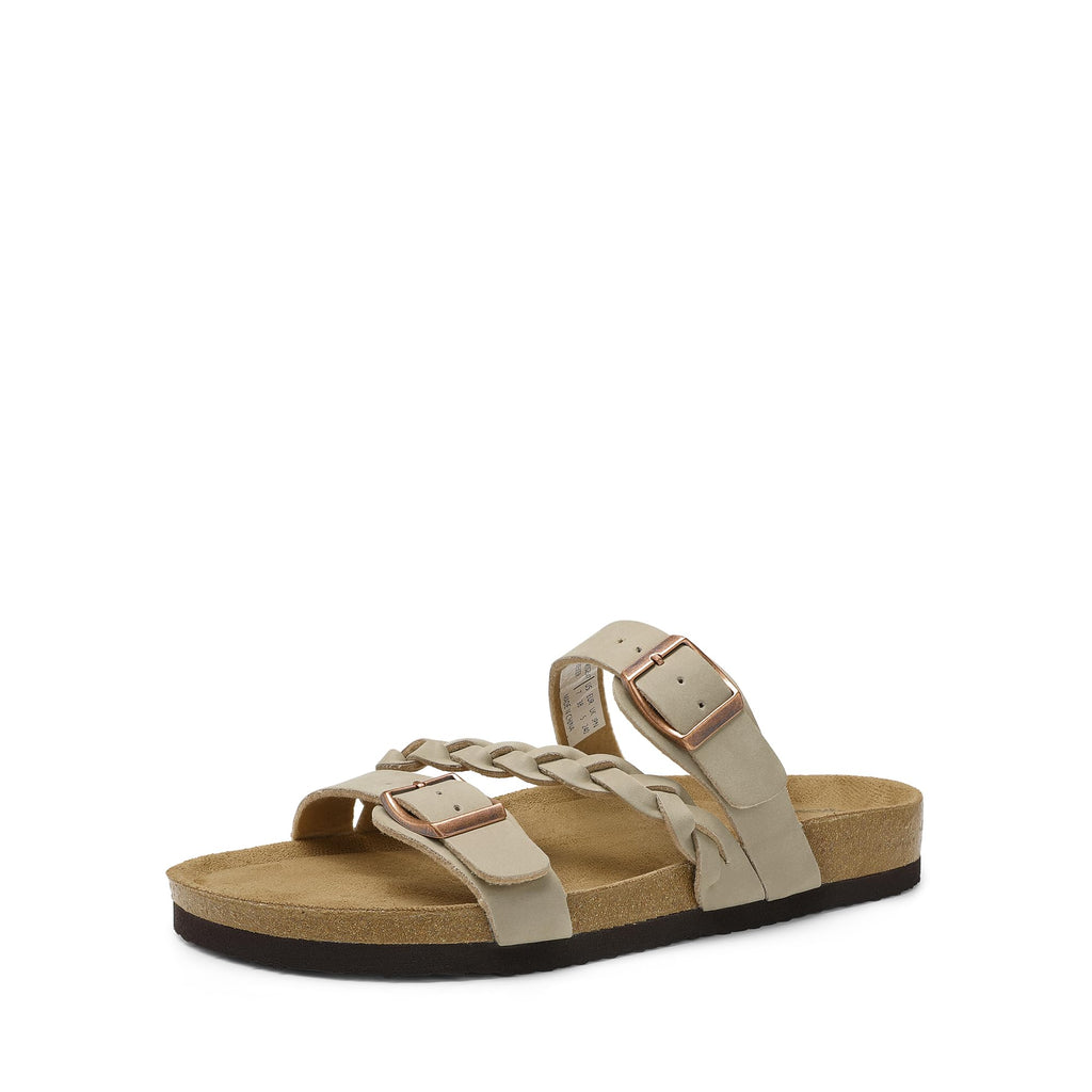 DREAM PAIRS Women's Slides Soft Cork Footbed Sandals Comfortable Walking Slip-on Flat Sandals Arch Support Adjustable Buckle Braided Straps Slippers