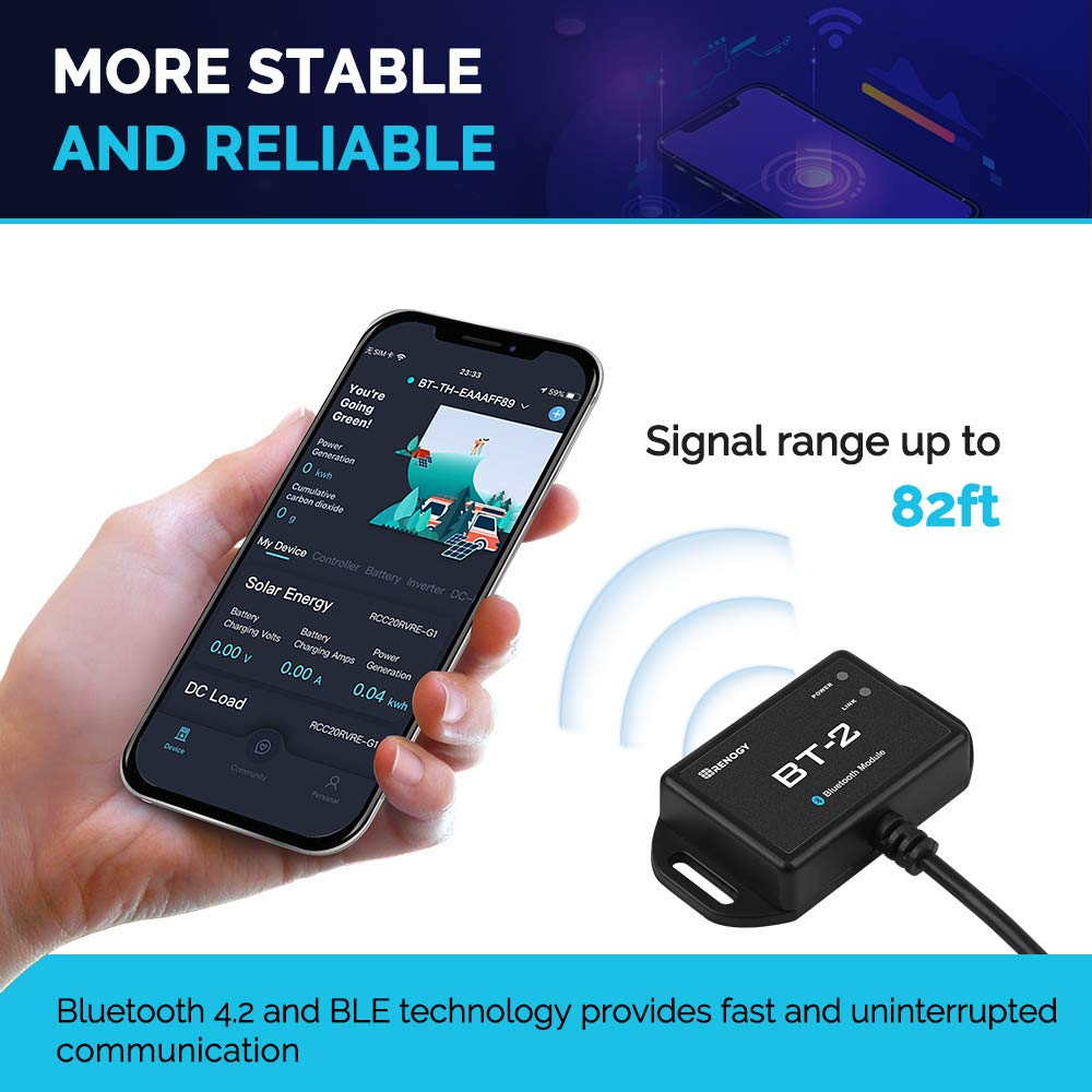 Renogy BT-1 Bluetooth Module for PWM Charge Controllers (Wanderer/Adventurer) – RJ12 RS232 Port, Wireless Monitor via DC Home App,IP54