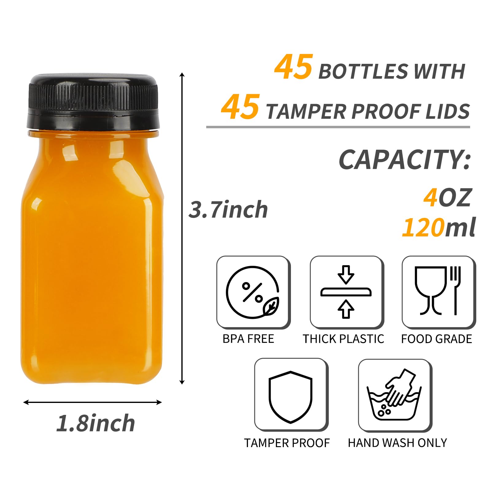 TOMNK 45pcs 2oz Plastic Shot Juice Bottles with Caps, Ginger Shot Bottles, Reusable Clear Bulk Beverage Containers for Ginger Shot, Juice, Milk, and Other Beverages