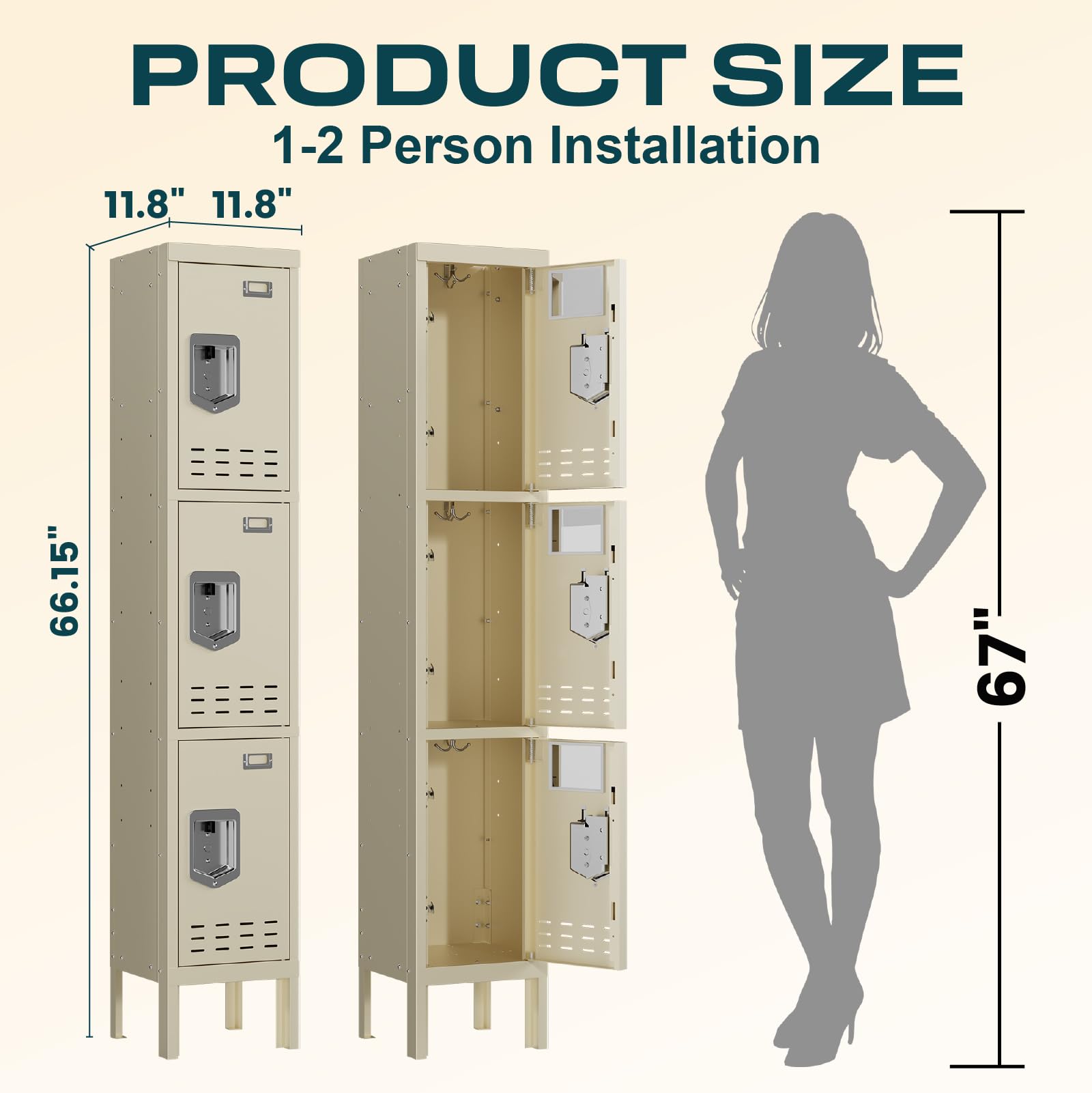 Lockers,Metal Locker, (Beige, 1 Door - (66.15" H x 11.8" W x 11.8" D))