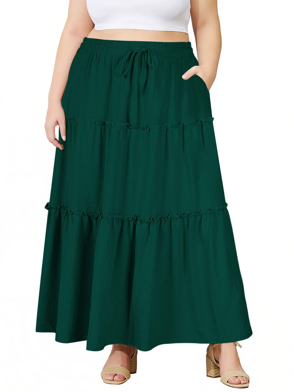 Moon Wood Plus Size Maxi Skirts for Women Trendy Long Flowy Boho Tiered Skirt Renaissance Summer Beach Skirt with Pockets