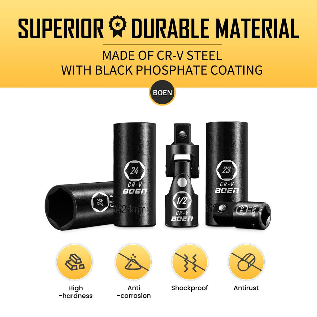 BOEN 1/2" Drive Deep Impact Socket Set, 11 Pieces Socket Set Metric 10-24mm, 6 Point Design, Cr-V Steel, Laser Marking, Durable Storage Case, Meets ANSI Standards