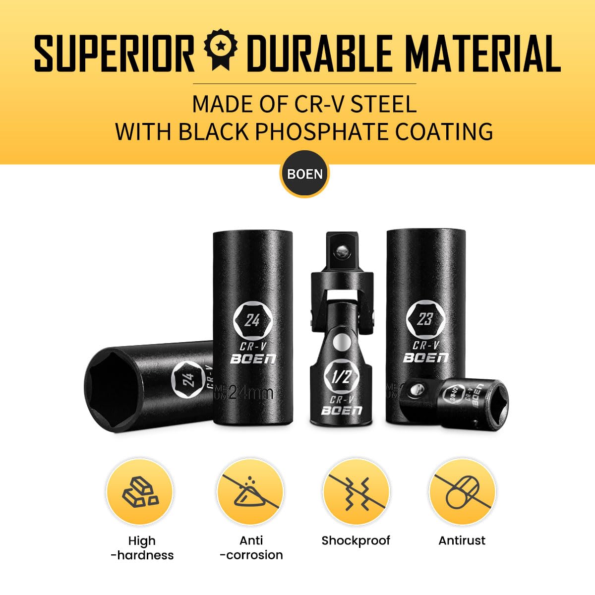 BOEN 1/2" Drive Deep Impact Socket Set, 11 Pieces Socket Set Metric 10-24mm, 6 Point Design, Cr-V Steel, Laser Marking, Durable Storage Case, Meets ANSI Standards