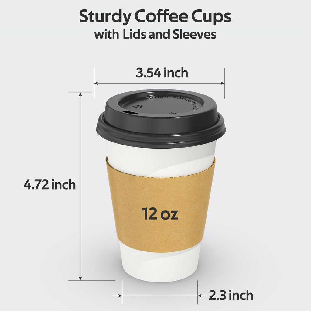 Dealusy 100 Pack 12 oz Disposable Coffee Cups with Lids and Sleeves, Sturdy Thick Paper & Leak-free Insulated to Go Paper Hot Coffee Cups with Sip Lids for Hot & Cold Beverage