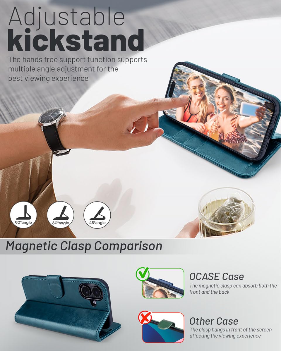OCASE Compatible with iPhone 16 Wallet Case, PU Leather Flip Folio Case with Card Holders RFID Blocking Kickstand [Shockproof TPU Inner Shell] Phone Cover 6.1 Inch 2024, Black