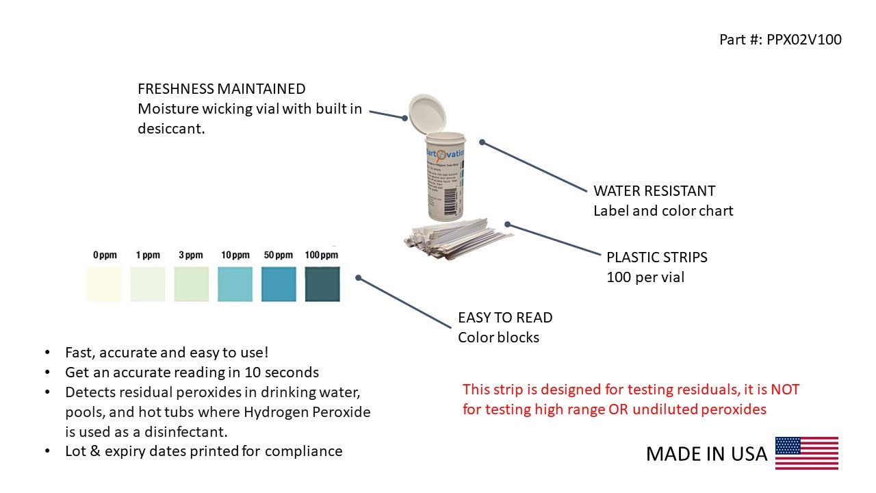 Hydrogen Peroxide H2O2 0-100 ppm Test Strips, Low Level (Bottle of 100) | Monitor residual peroxide levels in drinking water, pools, hot tubs, cold plunges and float tanks