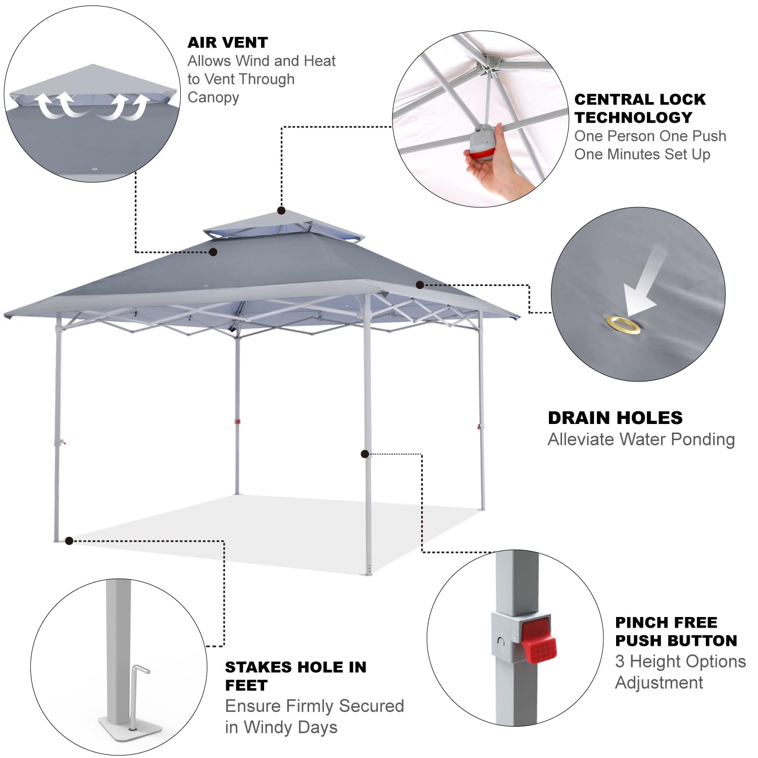 COOSHADE 13x13Ft Pop Up Canopy Tent Instant Folding Shelter 169 Square Feet Large Outdoor Sun Protection Shade(Grey)