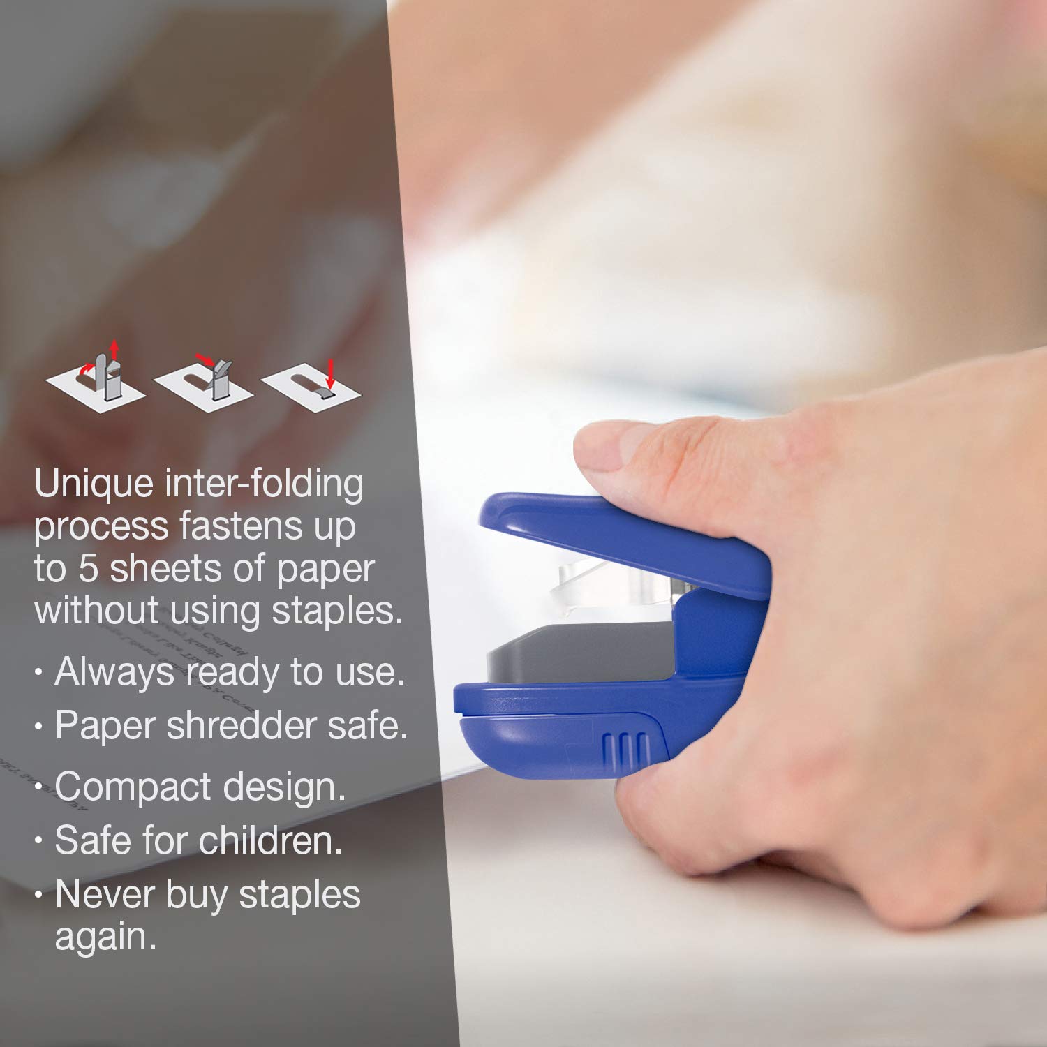 Plus Paper Clinch Compact Staple-Free Stapler, Blue Turquoise