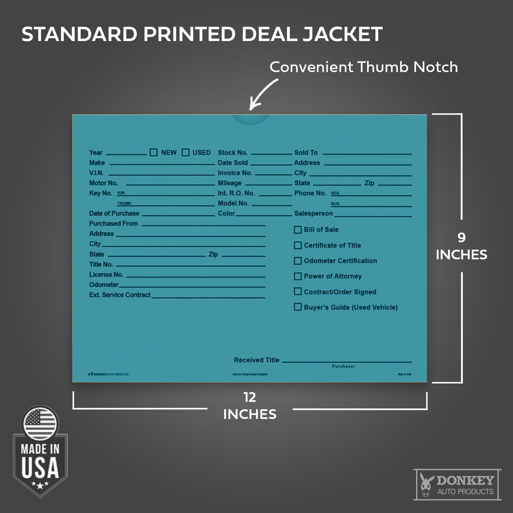 Printed Vehicle Deal Envelopes 9x12 Deal Jackets (100 shrink wrapped) (Blue)