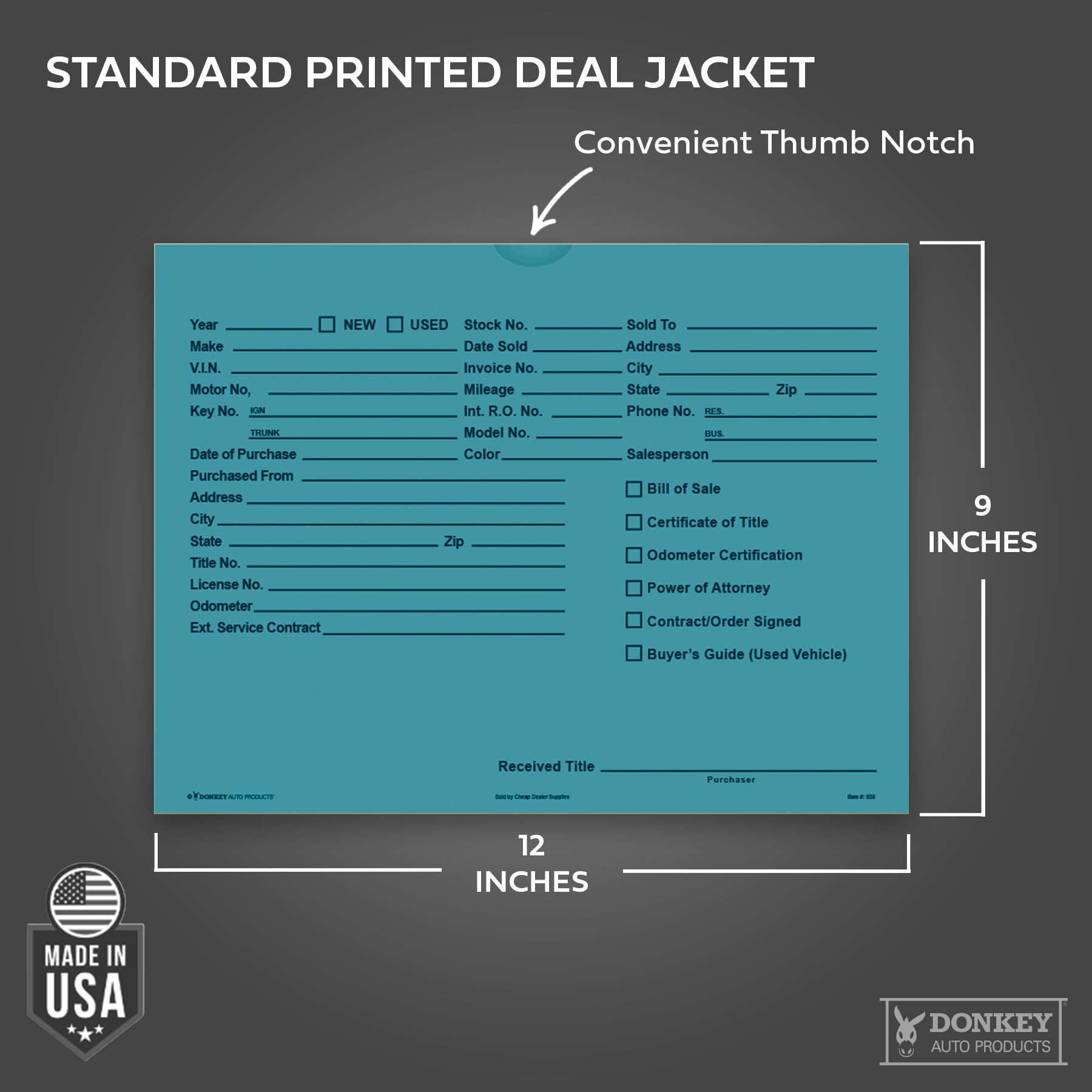 Printed Vehicle Deal Envelopes 9x12 Deal Jackets (100 shrink wrapped) (Blue)
