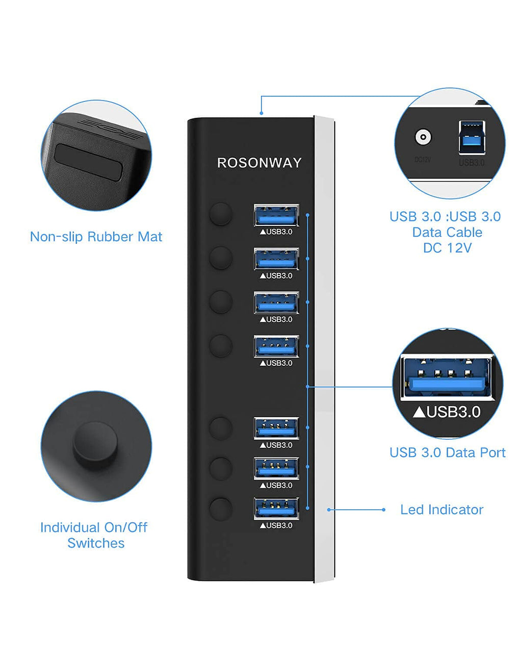 USB Hub 3.0 Powered Rosonway Aluminum 7 Ports USB 3.0 Data Hub Splitter with 24W (12V/2A) Power Adapter and Individual On/Off Switches USB Port Expander for PC and Laptop (RSH-A37S)