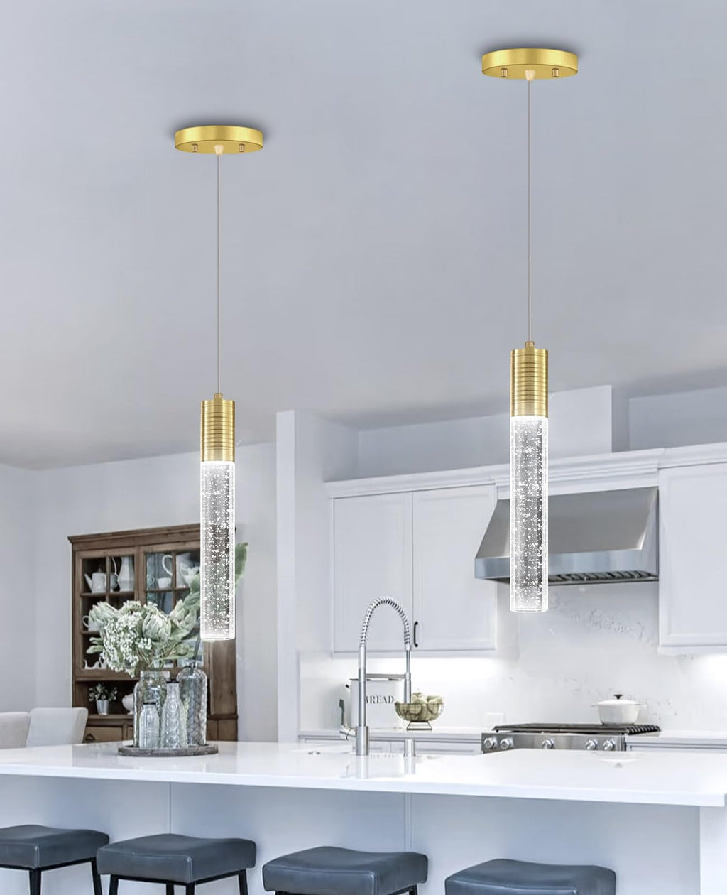 HAIXIANG Modern Kitchen Island Hanging Light Fixtures Crytstal Pendant Lighting for Kitchen Island Chrome Mini Chandelier with 6000K Daylight Bulb