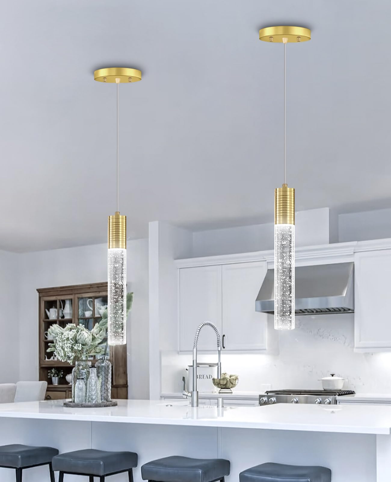 HAIXIANG Modern Kitchen Island Hanging Light Fixtures Crytstal Pendant Lighting for Kitchen Island Chrome Mini Chandelier with 6000K Daylight Bulb