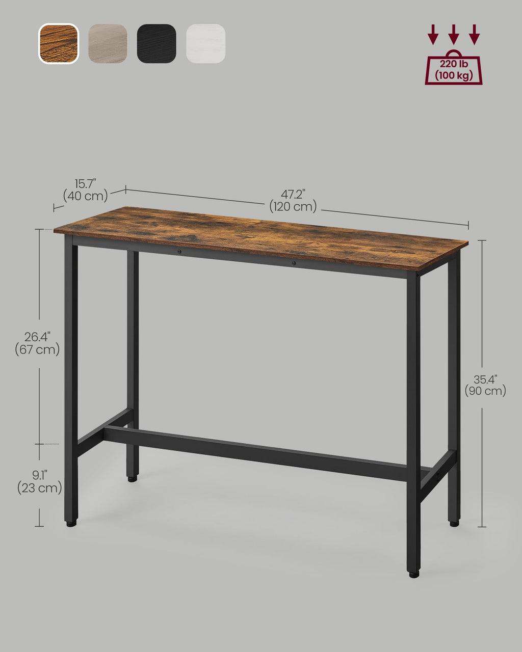 VASAGLE Bar Table, Kitchen Dining Table, High Top Pub Table, Bar Height Cocktail Table for Living Room Party, Sturdy Metal, 15.7 x 39.4 x 35.4 Inches for Narrow Spaces, Ebony Black and Ink Black