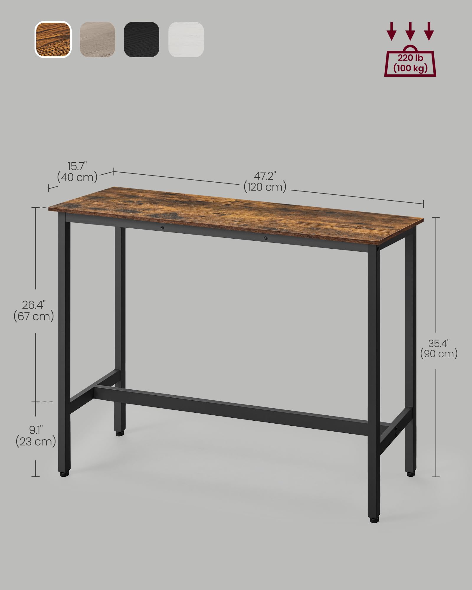 VASAGLE Bar Table, Kitchen Dining Table, High Top Pub Table, Bar Height Cocktail Table for Living Room Party, Sturdy Metal, 15.7 x 39.4 x 35.4 Inches for Narrow Spaces, Ebony Black and Ink Black