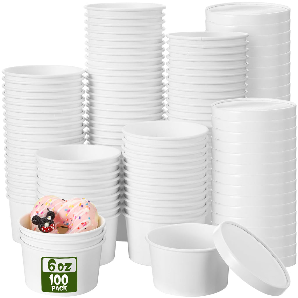Fulmoon 100 Pack Paper Soup Containers with Lids Disposable Paper Food Containers with Vented Lid Kraft Ice Cream Cake Dessert Cups Soup Bowl for Party Hot Food Fruit Microwave(4 oz,Brown)
