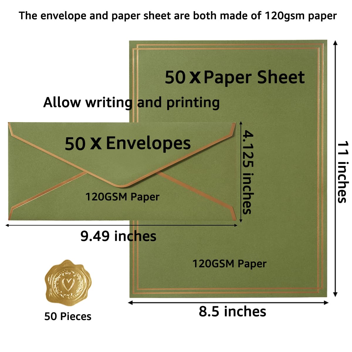 50 Pack Stationery Set with Envelopes, Cream Color, 8.5x11 Inches | Gold Border, #10 Business Envelopes and 8.5x11 Paper Sheets, Stickers for Letter Writing, Invitations