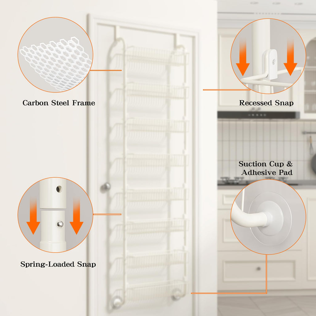 MIAOLI Over the Door Pantry Organizers and Storage, 8-Tier Spice Rack, Home & Kitchen Storage Shelves for Cabinet, Large Capacity Hanging Seasoning Organizer, Laundry Room Organization, White