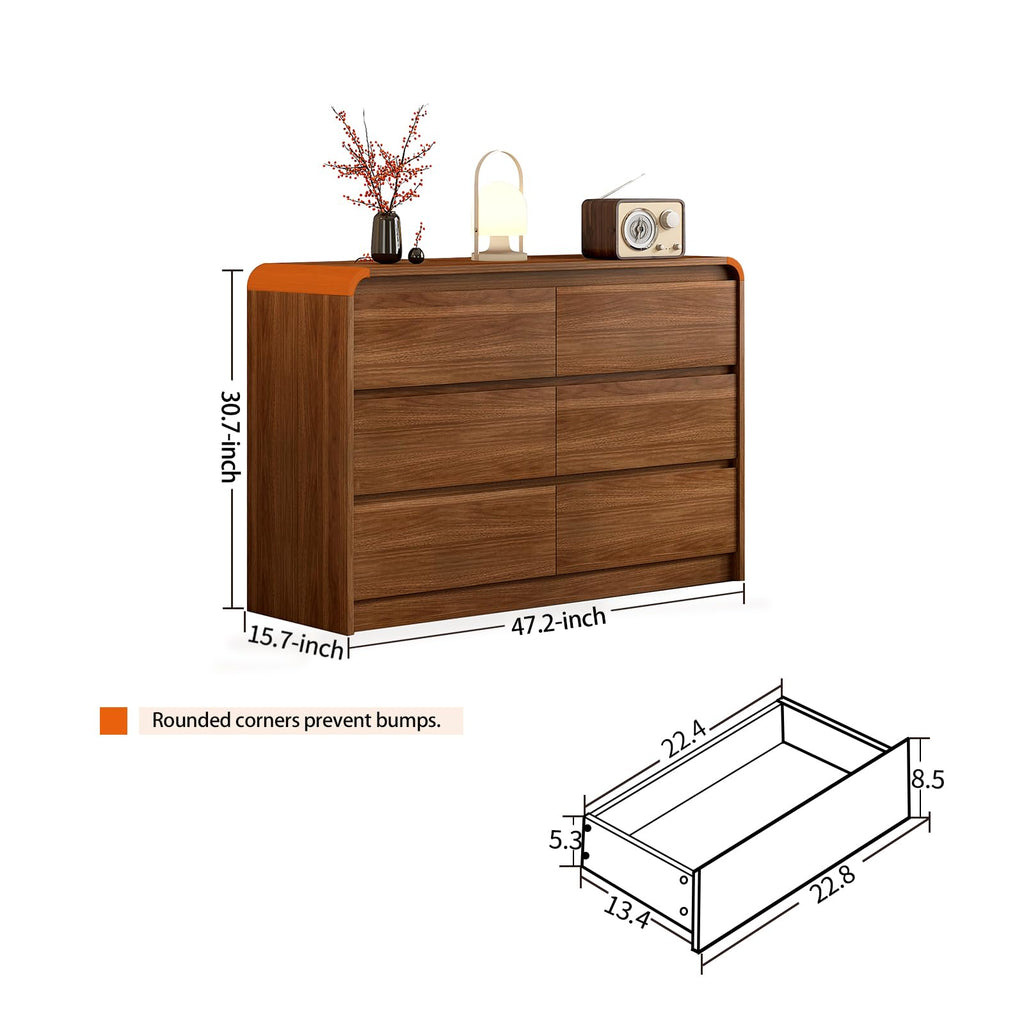 Messenya Modern 6 Drawer Dresser, 47-Inch Wood Chest of Drawers, Curved Anti-Collision Design, Mid-Century Storage Cabinet, Pre-Embedded Slots, for Bedroom, Living Room, TV Stand, Nursery