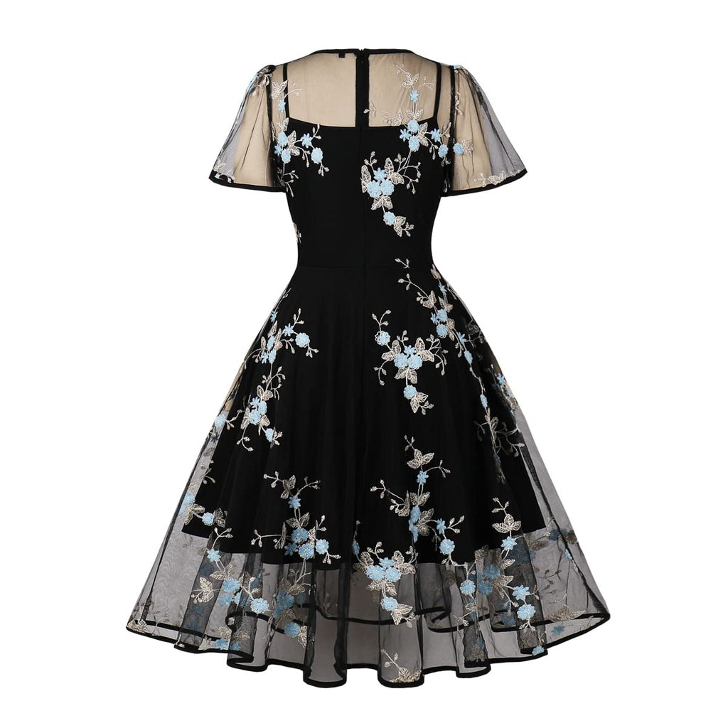 Women Mesh Floral Embroidery Vintage Cocktail Swing Dress Illusion 50s Goth Flared A line Casual Wedding Prom Evening Dress