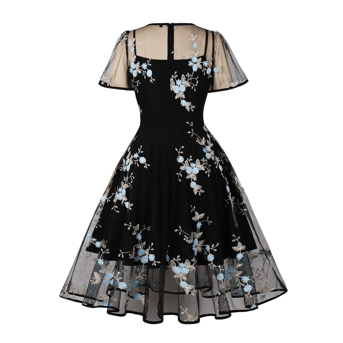 Women Mesh Floral Embroidery Vintage Cocktail Swing Dress Illusion 50s Goth Flared A line Casual Wedding Prom Evening Dress