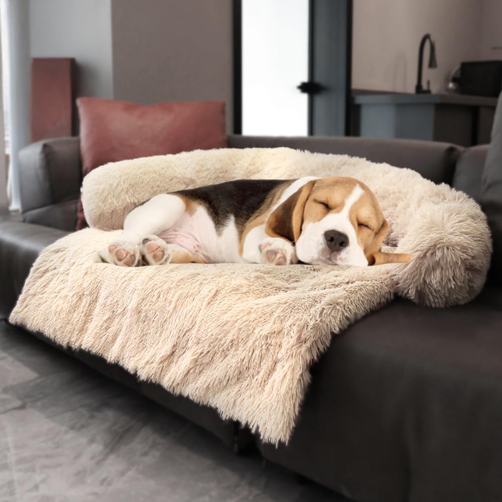 Luxurious Calming Dogs/Cats Bed Mats, Dog Pad Washable Removable Couch Cover, Plush Long Fur Mat for Pets, Waterproof Lining, Perfect for Small, Medium and Large Dogs and Cats (Beige, 31"x23")