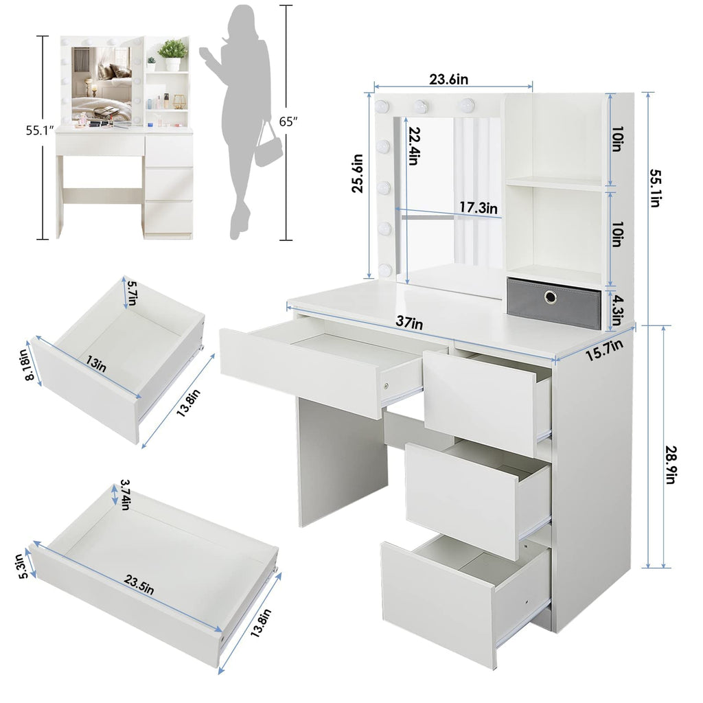 Vabches Makeup Vanity with Lights, 37inch Vanity Desk, 4 Large Drawers Dresser with Lighted Mirror, 3 Lighting Modes Brightness Adjustable, White