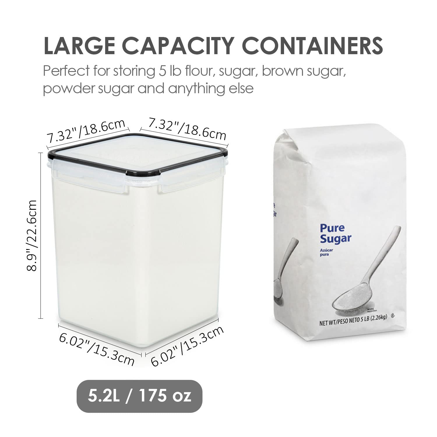 Vtopmart Food Storage Containers 2.5L / 84.5oz, 4 Pieces BPA Free Plastic Airtight Canister for Flour, Sugar, Baking Supplies, with 4 Measuring Cups and 24 Labels, Black
