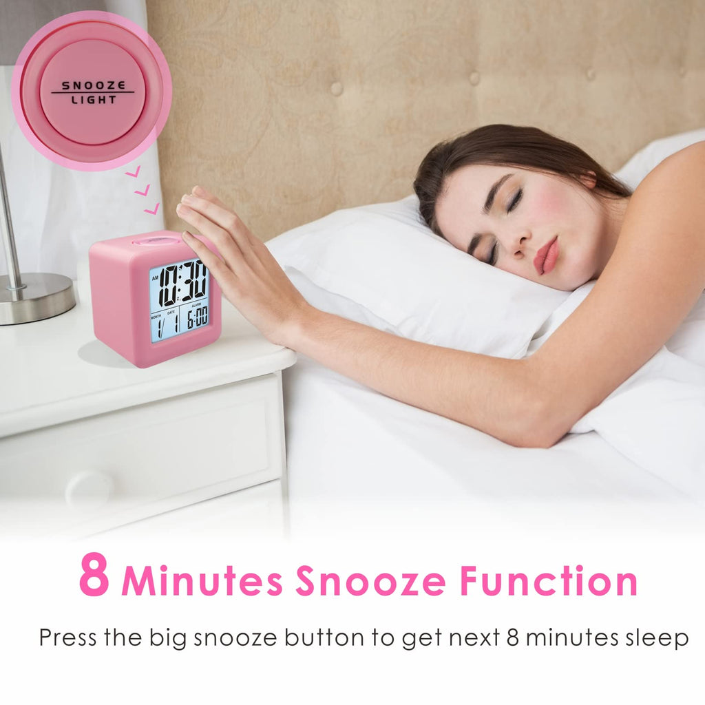 Plumeet Digital Alarm Clock Kids Clock with Snooze and White Nightlight - Easy Setting Travel Alarm Clocks Display Time, Date, Alarm - Ascending Sound - Battery Powered (Baby Blue)