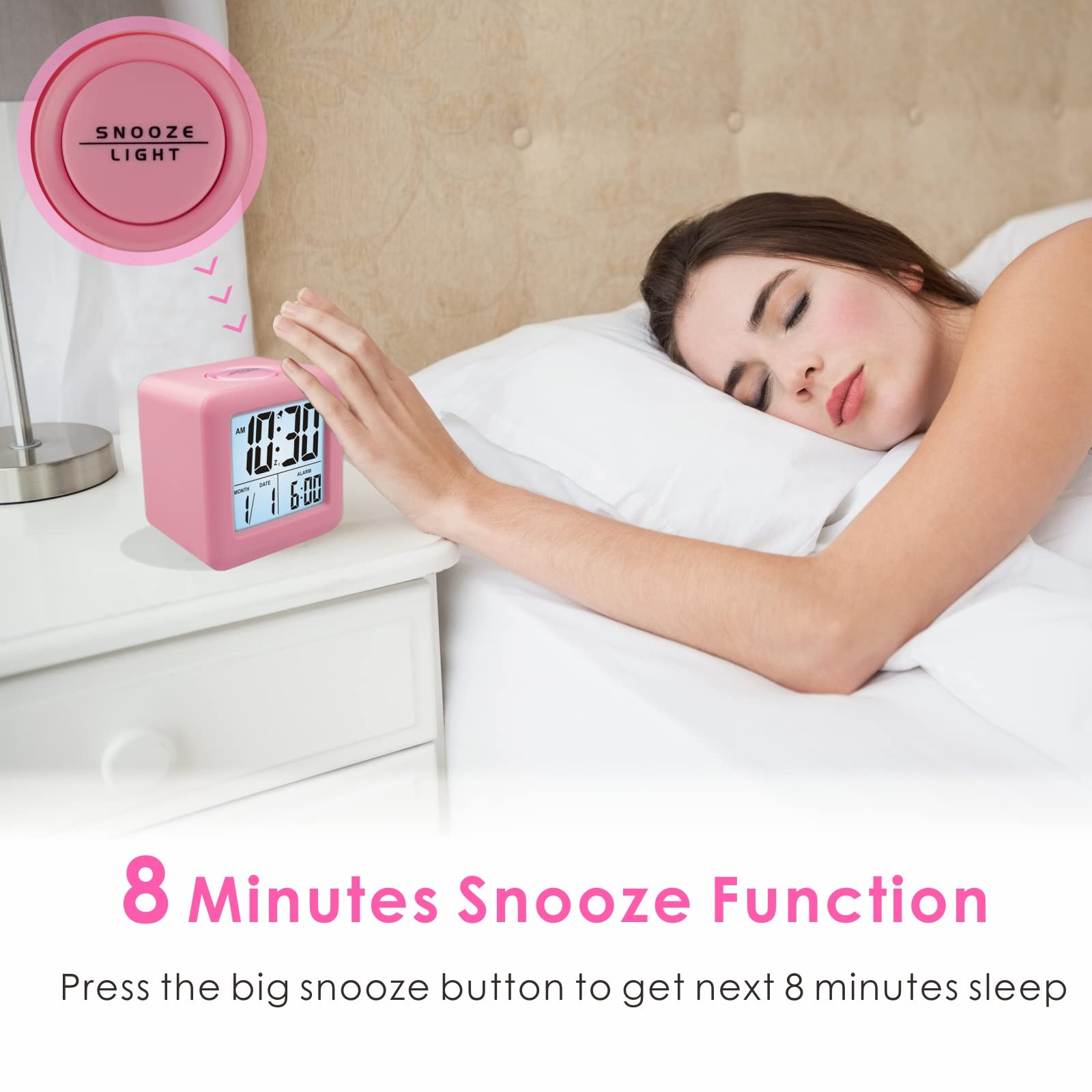 Plumeet Digital Alarm Clock Kids Clock with Snooze and White Nightlight - Easy Setting Travel Alarm Clocks Display Time, Date, Alarm - Ascending Sound - Battery Powered (Baby Blue)