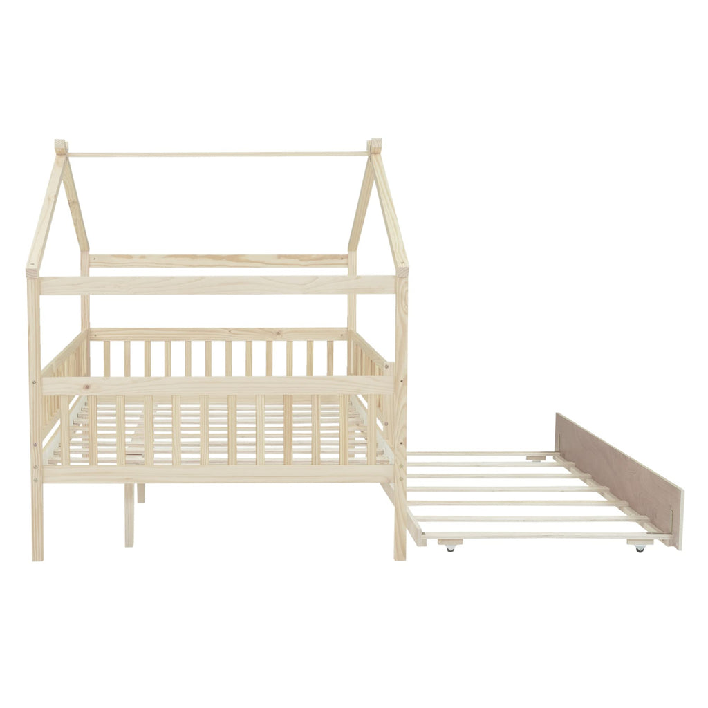 Merax Twin Size Wooden House Bed with Two Drawers, Wood Bed Frame with Roof for Kids, Teens, Boys or Girls, Grey