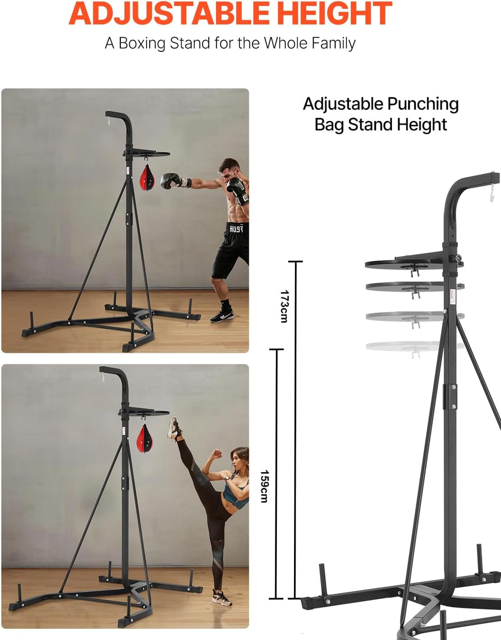 VEVOR 2 in 1 Punching Bag Stand, Steel Heavy Duty Workout Equipment, Adjustable Height Boxing Punching Bag and Speed Bag Stand, Freestanding Sandbag Rack, Holds Up to 140 lbs, for Home Gym Fitness
