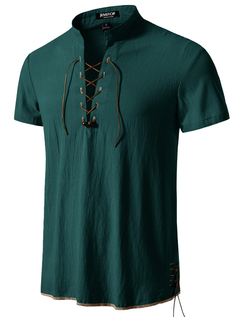 JEMITOP Men's Pure Cotton Vintage Short Sleeve Lace Up Shirts for Renaissance Pirate Viking Medieval Costume