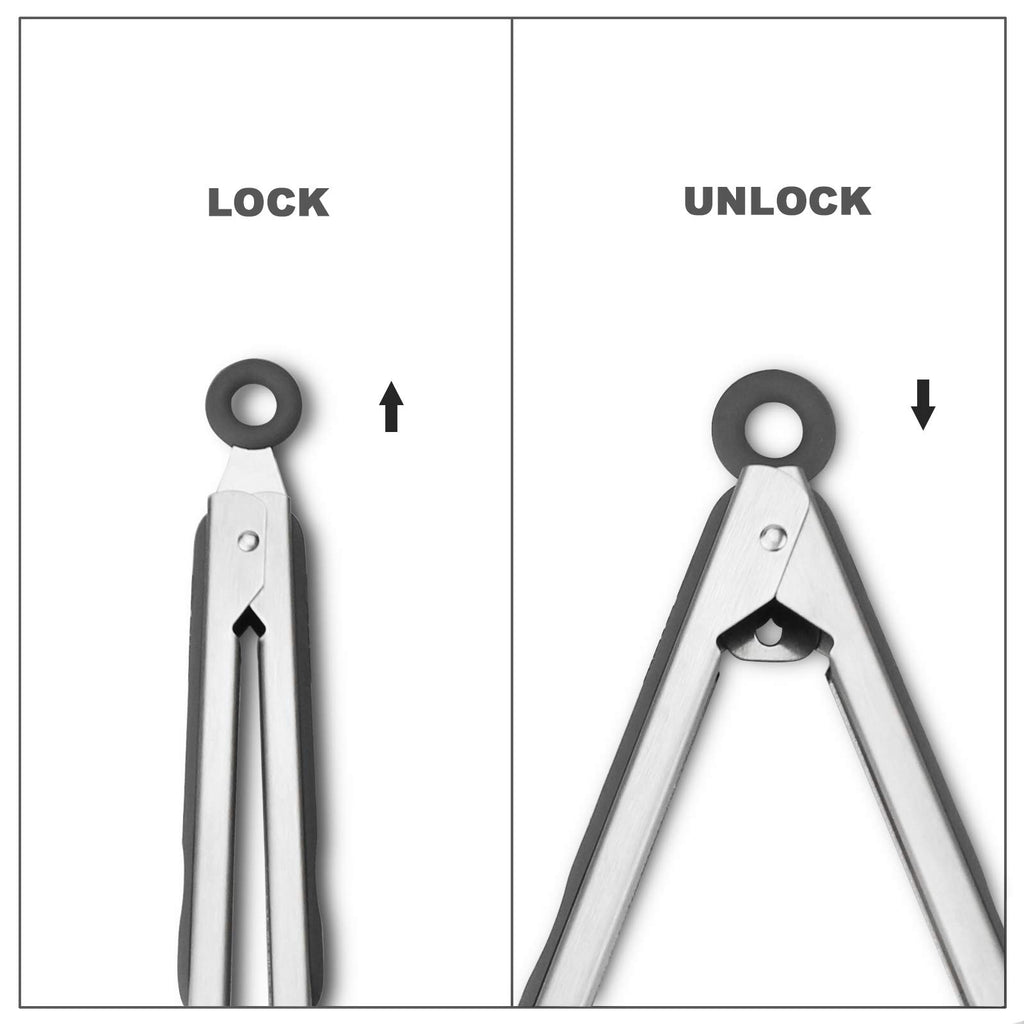 304 Stainless Steel Kitchen Cooking Tongs, 9" and 12" Set of 2 Sturdy Grilling Barbeque Brushed Locking Food Tongs with Ergonomic Grip, Black