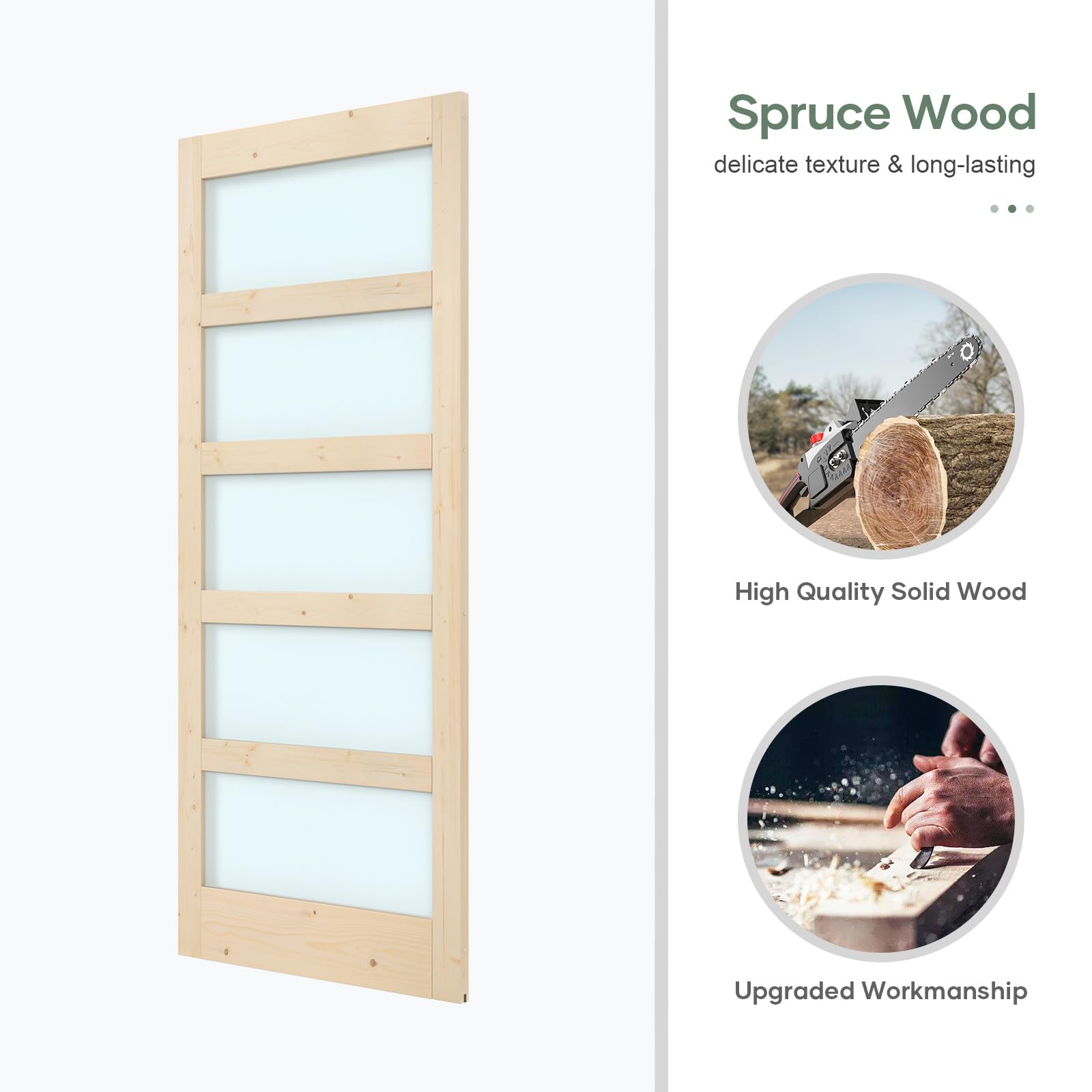 Double 18×84 inch Glass Sliding Barn Door Slab with 6.6ft Hardware Kit Included, 5-Panel Frosted Glass, Spruce Wood Support DIY Dyeing, Easy Assembly