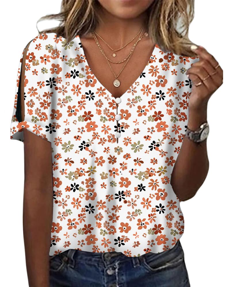 HOTYD Women's Boho Floral Print Ladies Short Sleeve Tops Summer Blouses Dressy Casual V Neck Cold Shoulder Tunic Tops