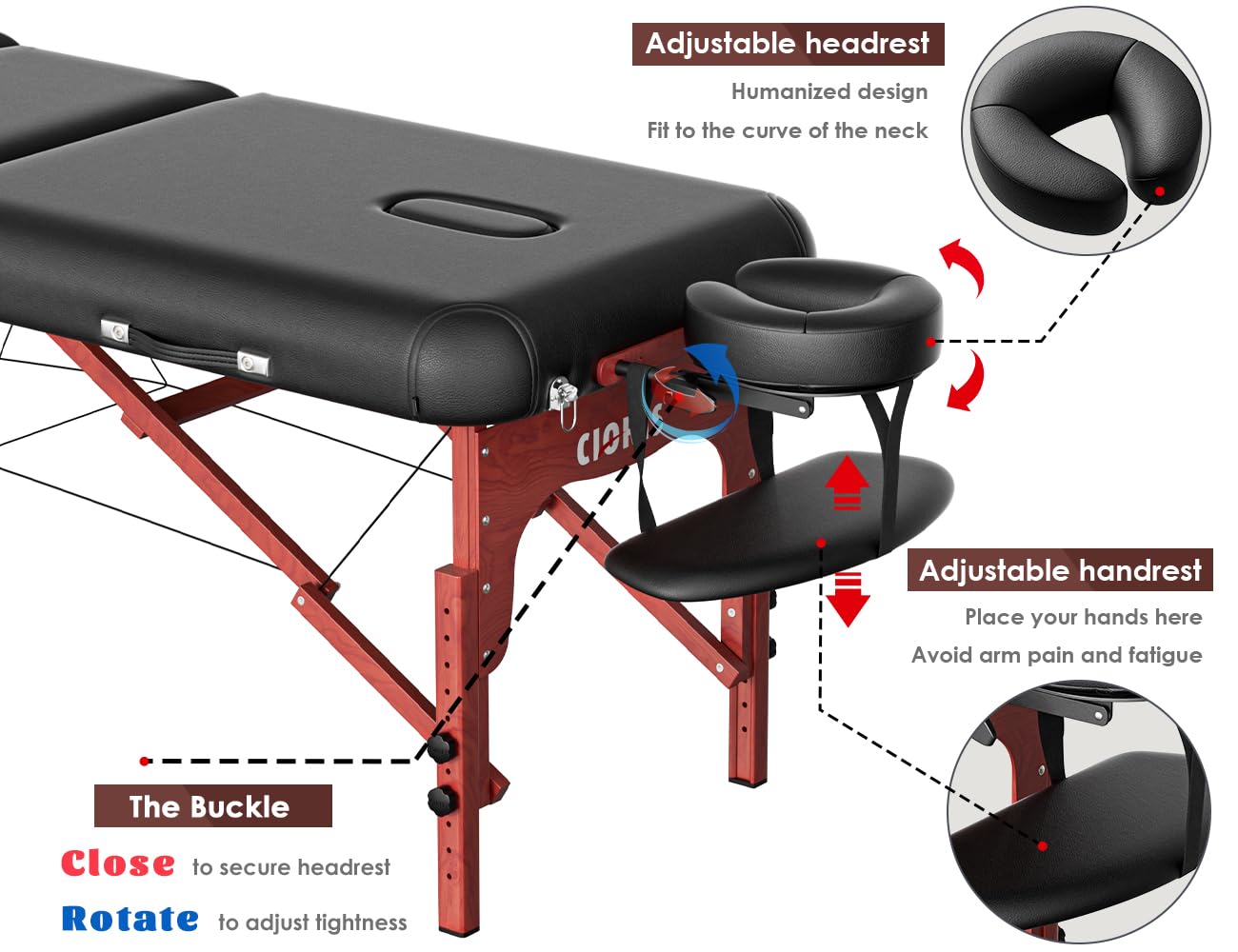 CLORIS 84" Professional Massage Table Portable Reinforced Wooden Leg 2 Folding Lightweight Spa Salon Tattoo Massage Bed Height Adjustable Hold Up to 1100LBS with Carrying Bag Black