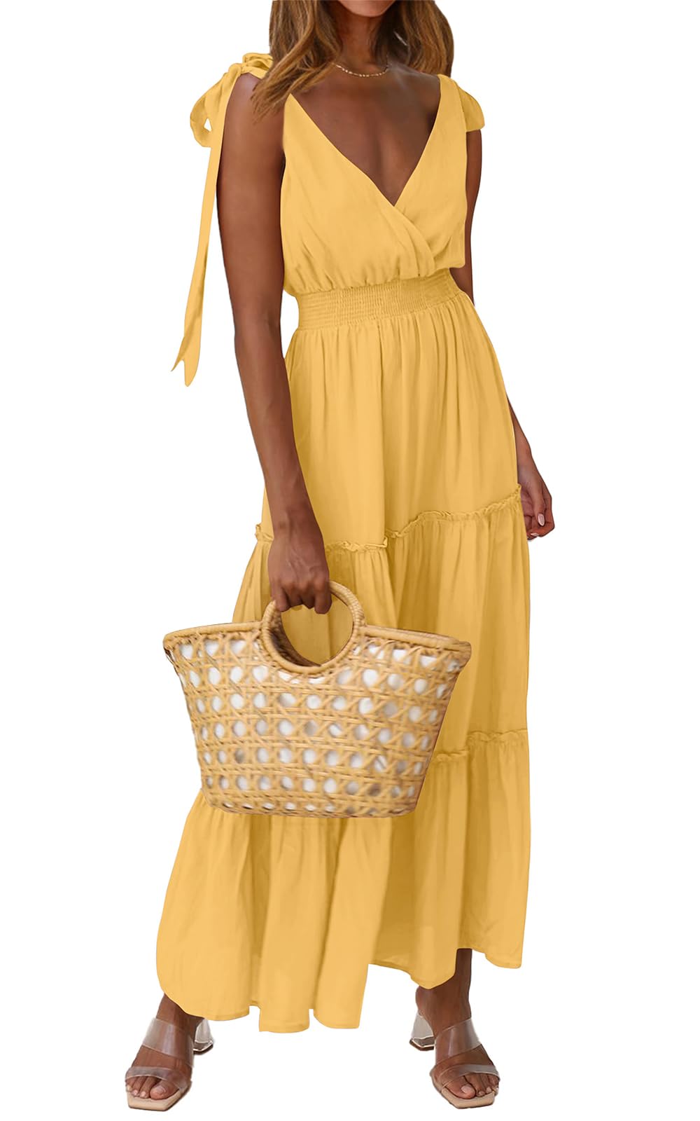 PRETTYGARDEN Women's Cross Neck Summer Sleeveless Tiered Maxi Dress Beach Tie Strap Smocked Long Dresses Pleated Sundress