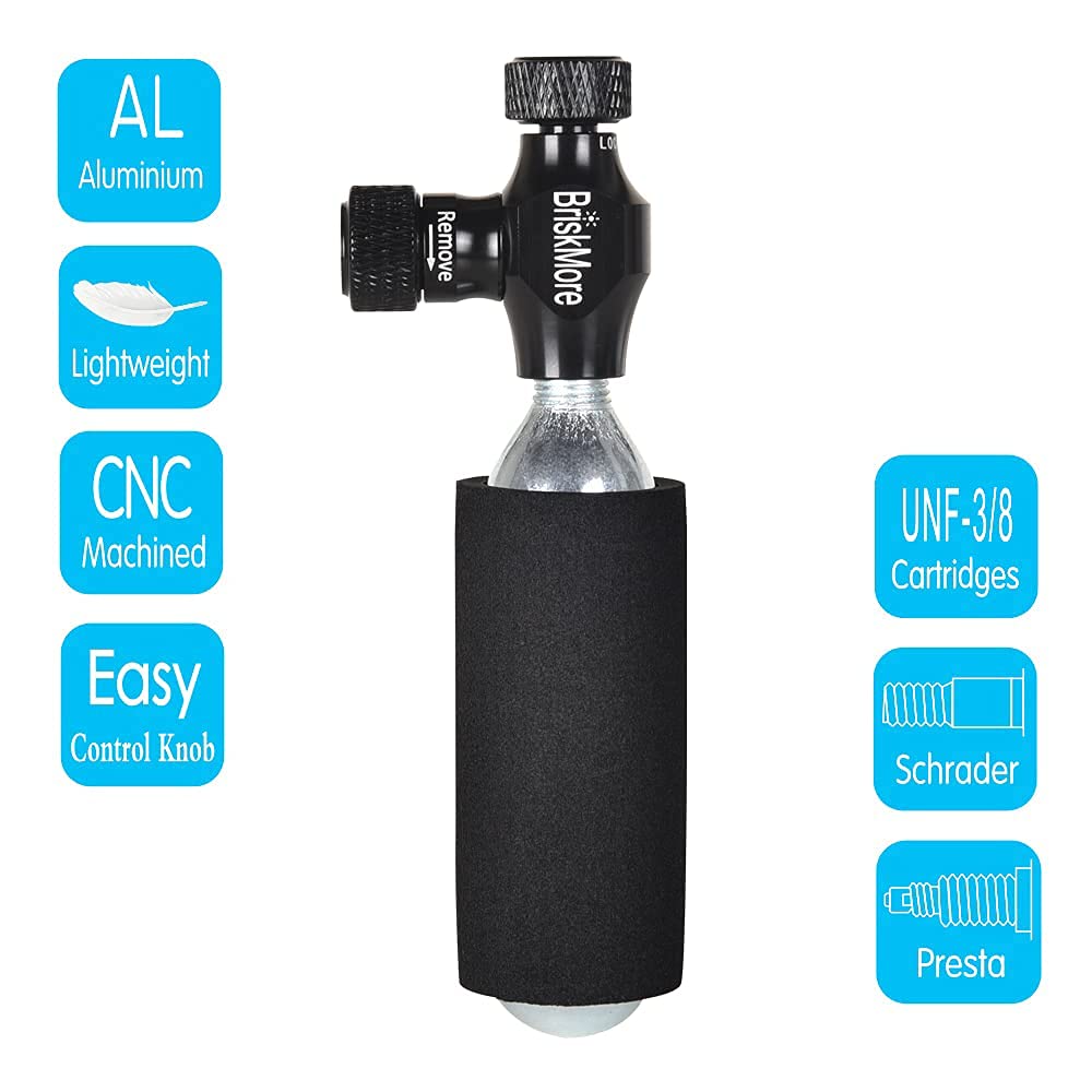 BriskMore CO2 Inflator Kits with 9X16g or 5 X 16g CO2 Cartridges, Presta and Schrader Valve Compatible, Bike Tire CO2 Pump, Included Insulated Sleeve