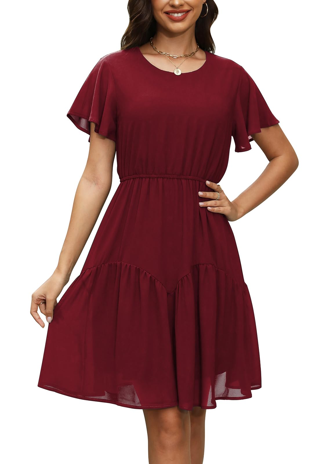 Manydress Women's Chiffon Floral Dresses Casual Summer Boho Flutter Sleeve Flowy Skater Western Dress MY112