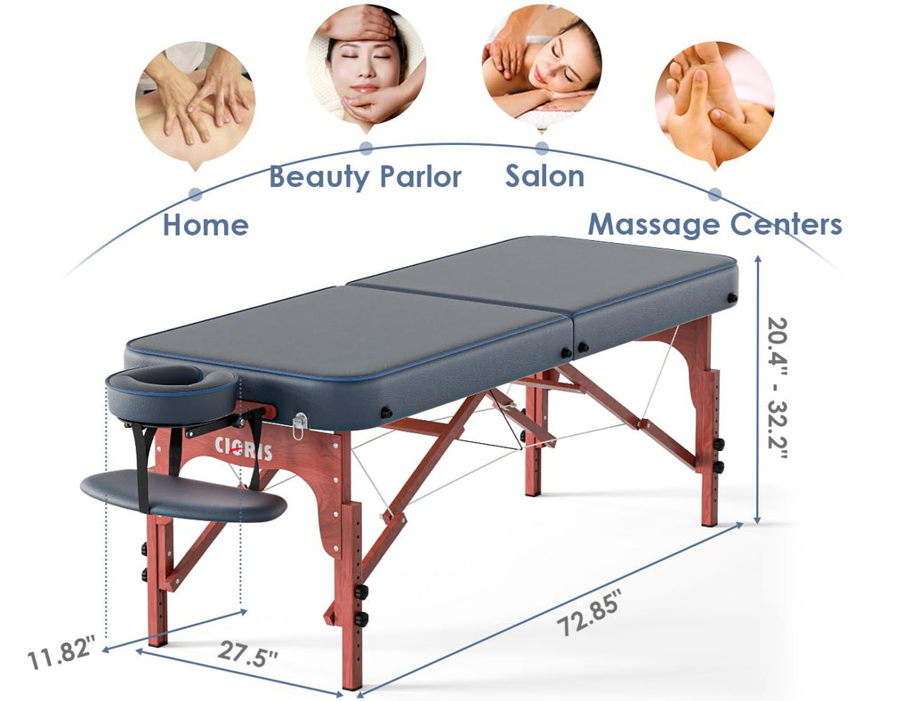 CLORIS 84" Professional Massage Table Portable Reinforced Wooden Leg 2 Folding Lightweight Spa Salon Tattoo Massage Bed Height Adjustable Hold Up to 1100LBS with Carrying Bag Black